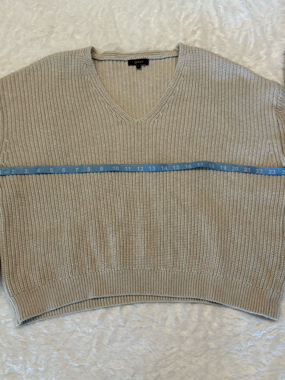 Quince Fisherman V-Neck Sweater 100% Organic Cotton in Speckled Beige Size Large - Picture 14 of 15